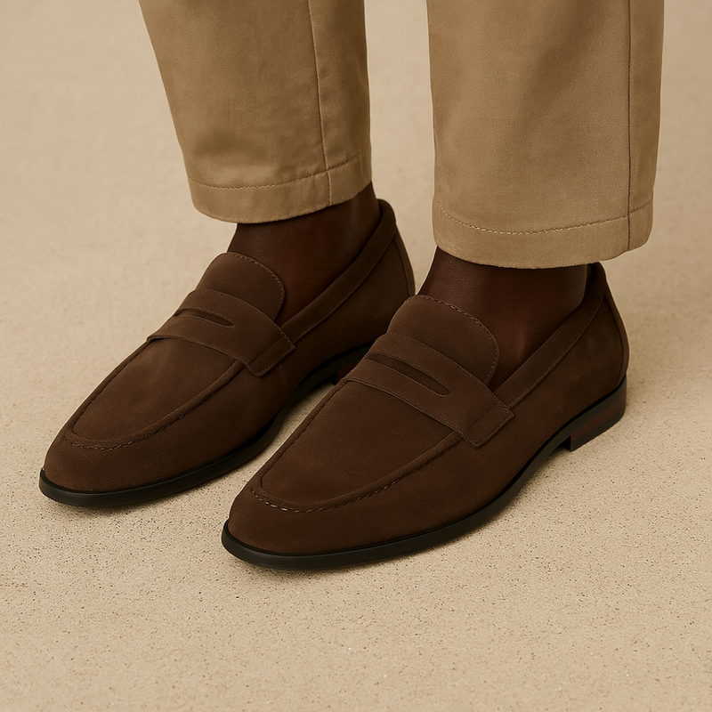 Men's penny loafers with moc-toe stitching, strap detail and low heel