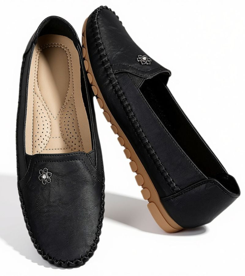 Women's plain square-toe moccasin loafers with decorative front trim and stitched edging