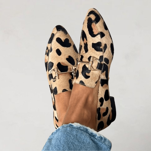 Women's pointed leopard print loafers with metal buckle detail