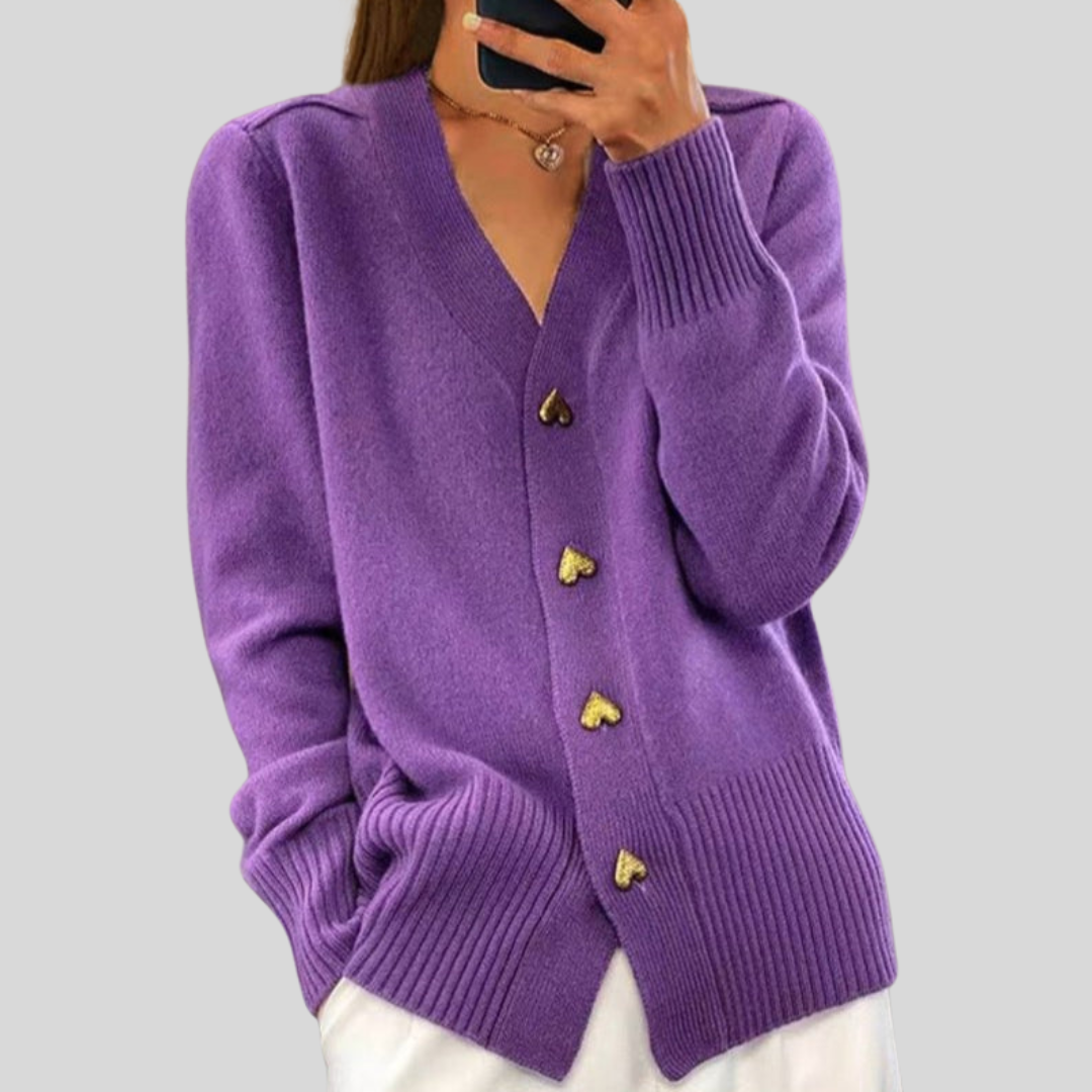 Women's V-neck button front cardigan with long sleeves, front pockets and ribbed trims