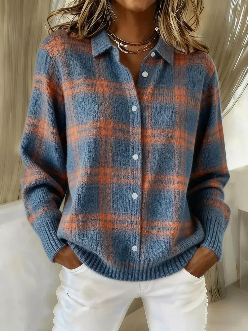 Women's checked button-front cardigan with shirt collar and long sleeves
