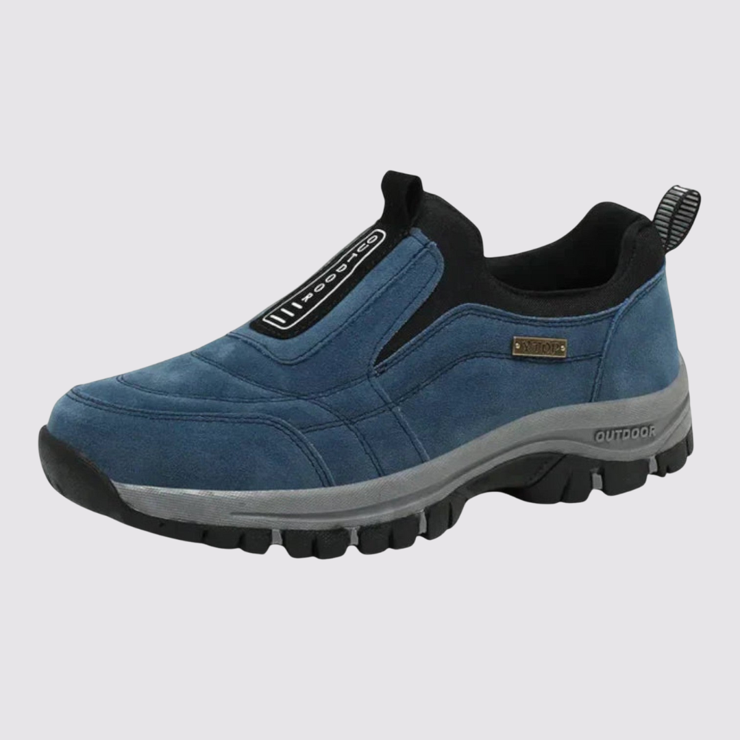 Slip-on walking shoe with stitched panels, contrast sole and deep tread
