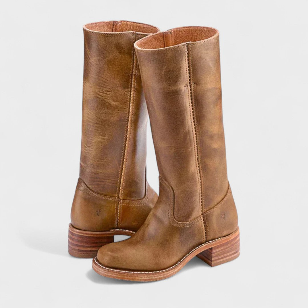 Women's knee-high cowboy boots with almond toes and low block heels
