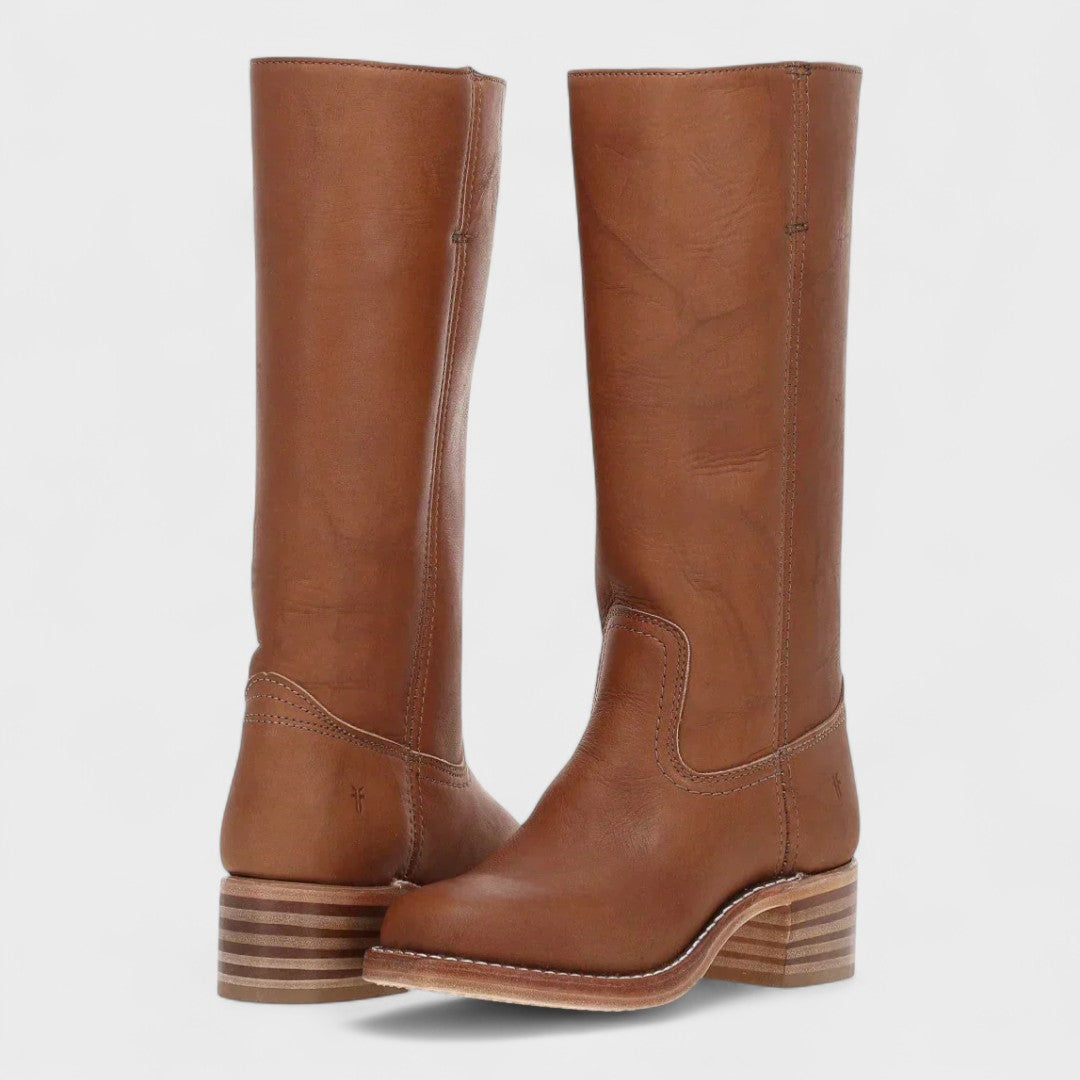 Women's knee-high cowboy boots with almond toes and low block heels