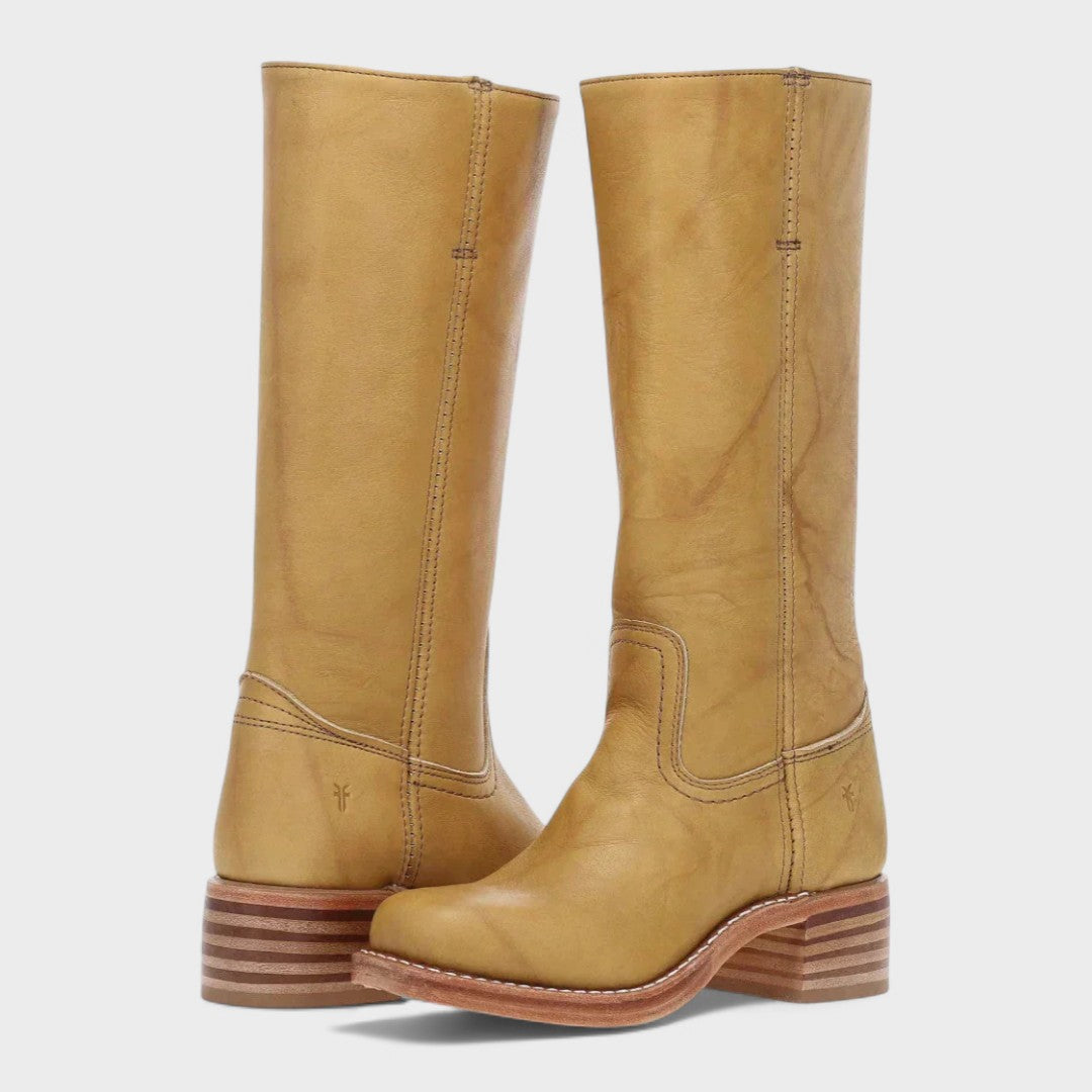 Women's knee-high cowboy boots with almond toes and low block heels