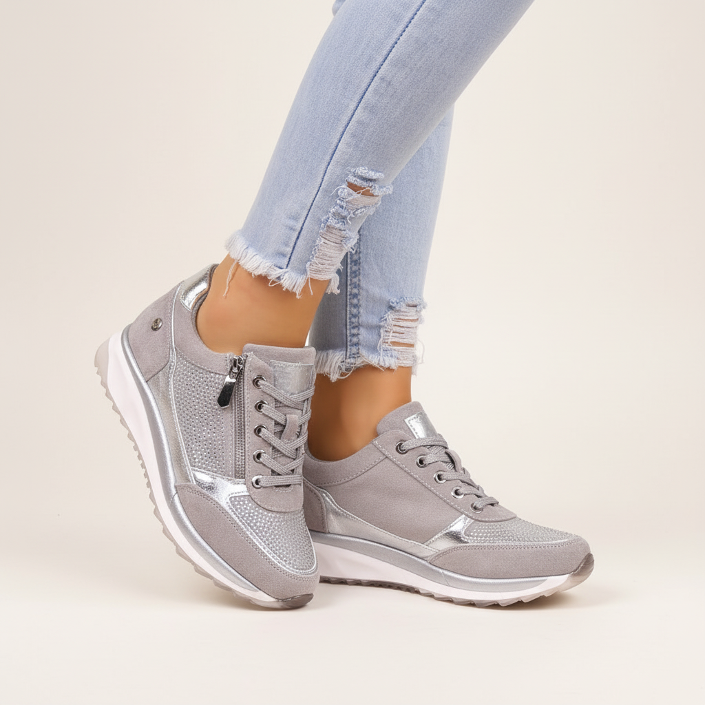 Women's low-top lace-up sneakers with metallic panel details and raised soles