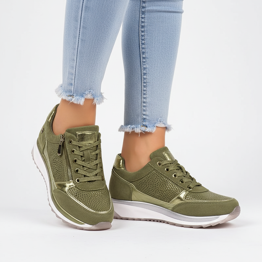 Women's low-top lace-up sneakers with metallic panel details and raised soles