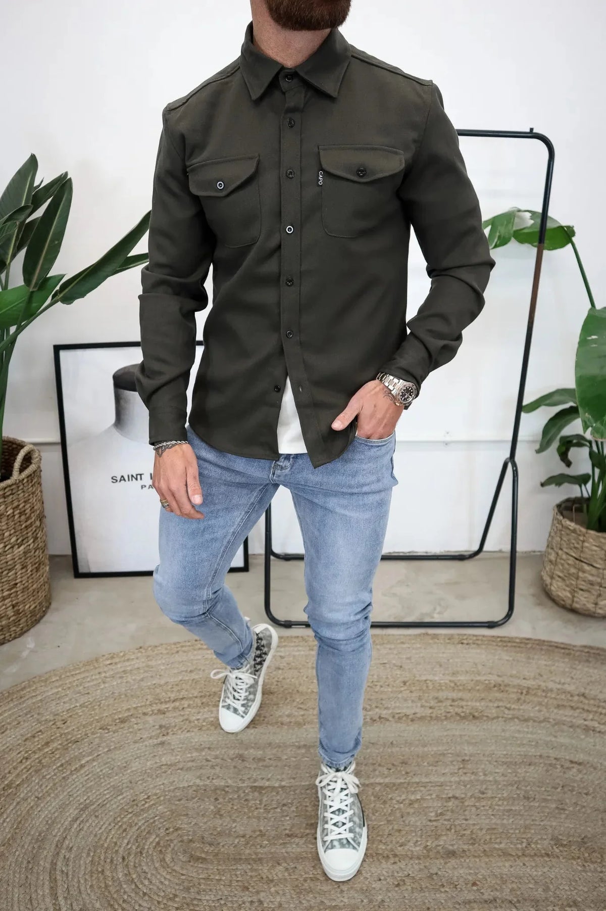 Men's button-up shirt jacket with long sleeves and two chest pockets