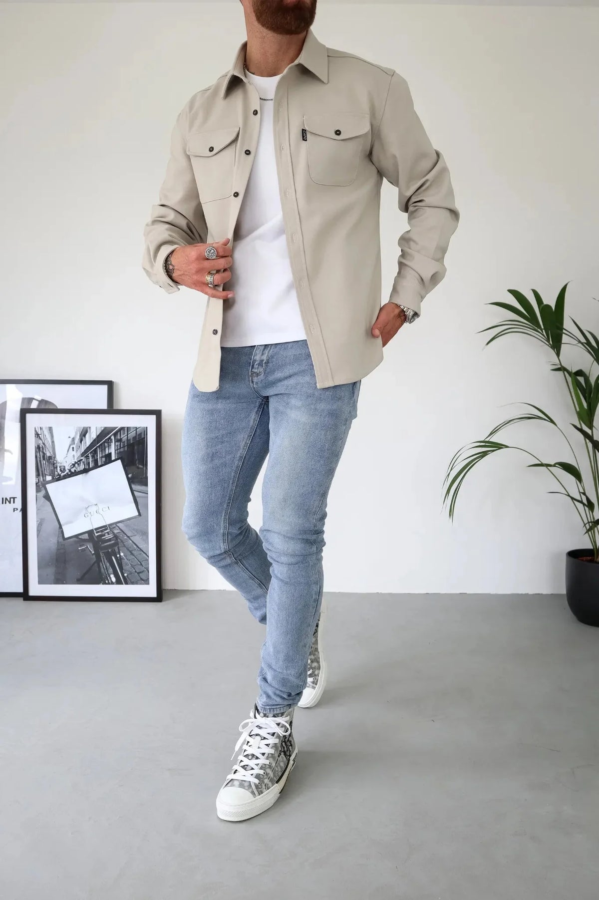Men's button-up shirt jacket with long sleeves and two chest pockets