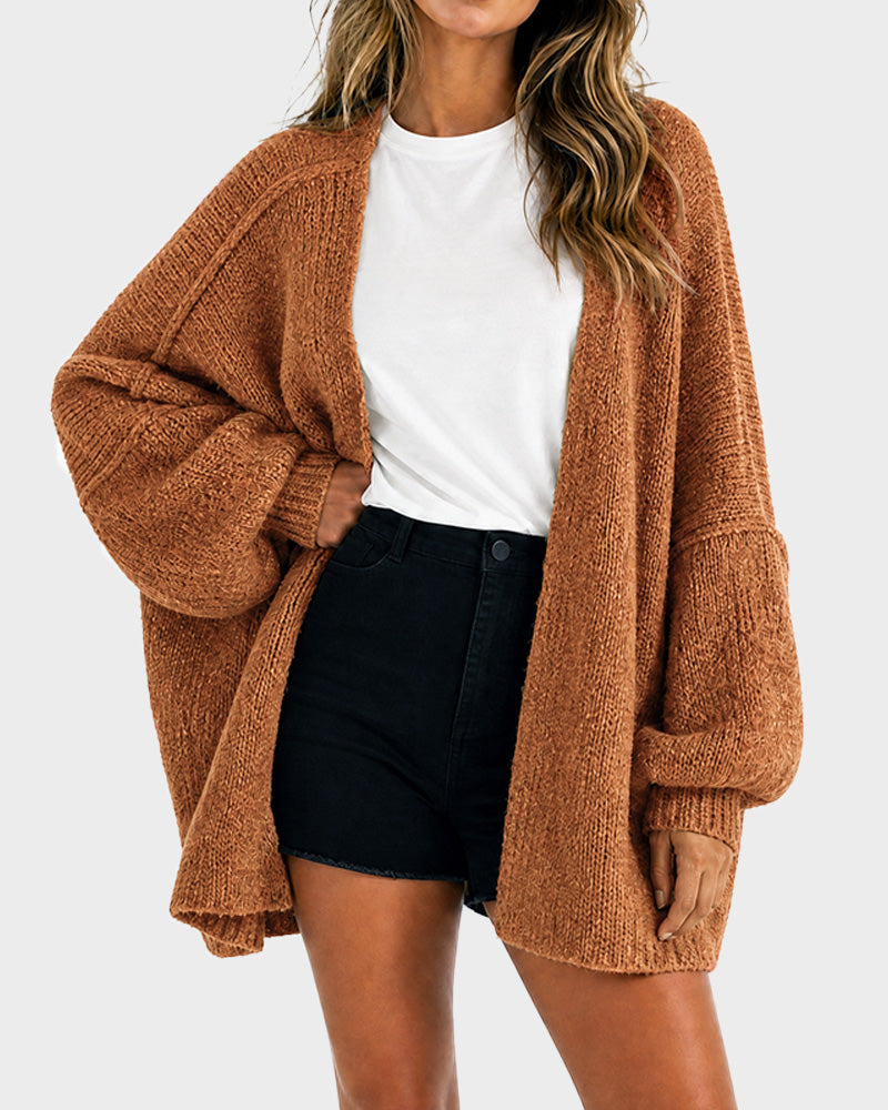 Women's oversized open-front knitted cardigan with lantern sleeves