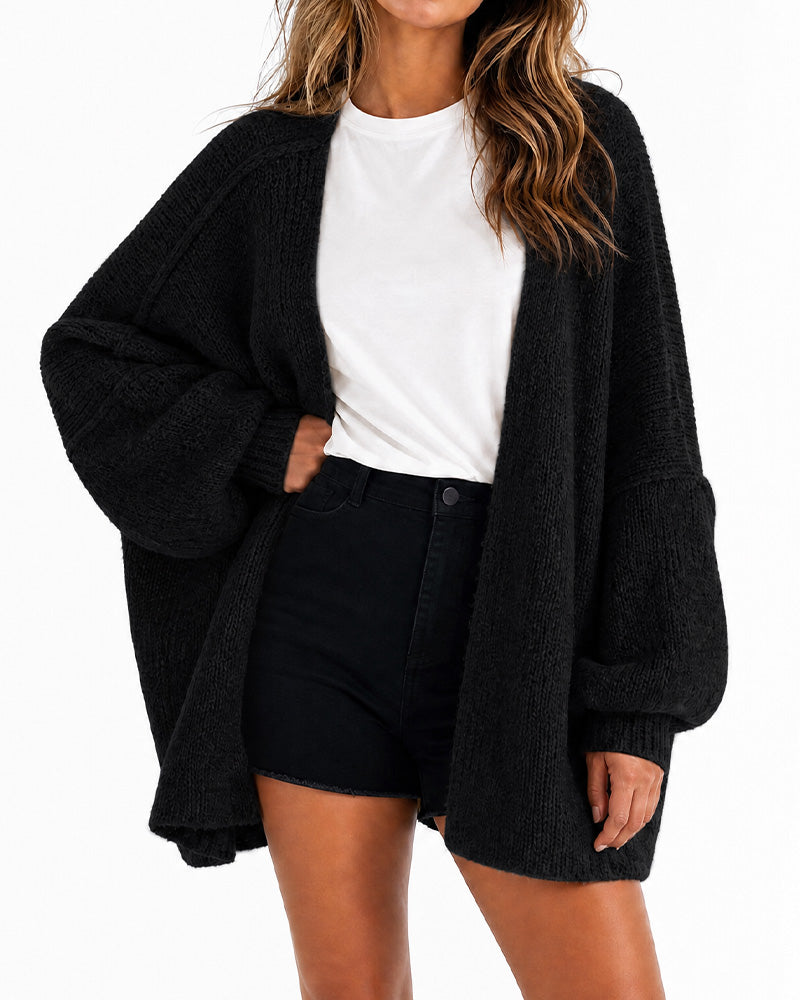Women's oversized open-front knitted cardigan with lantern sleeves