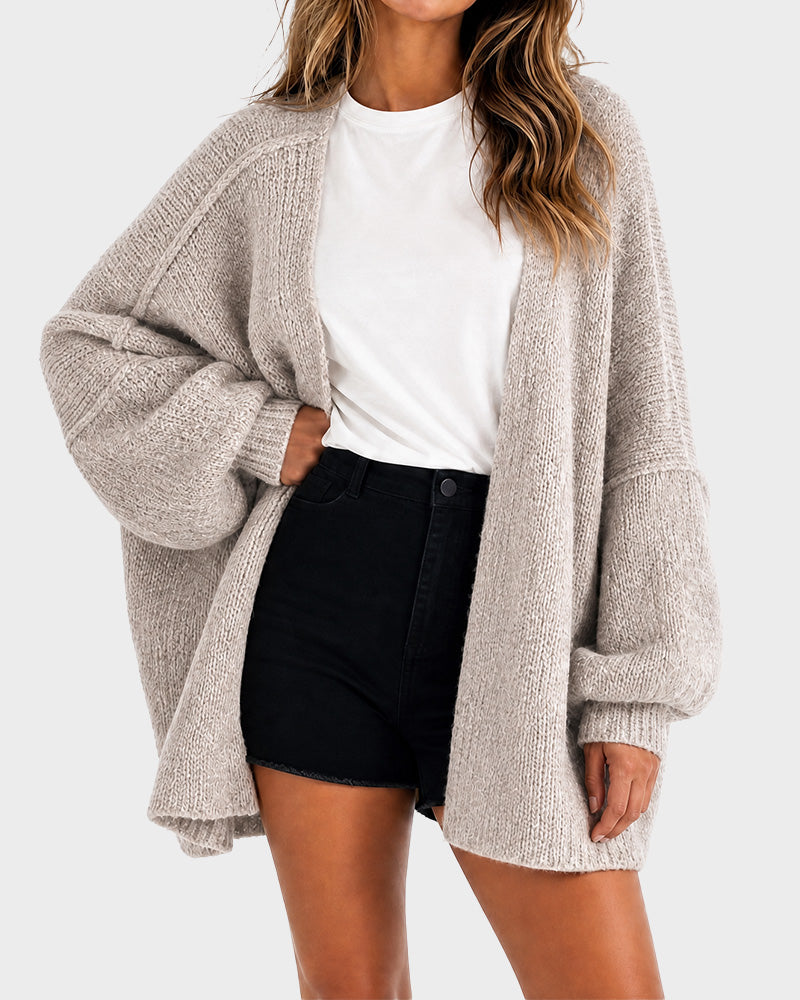 Women's oversized open-front knitted cardigan with lantern sleeves