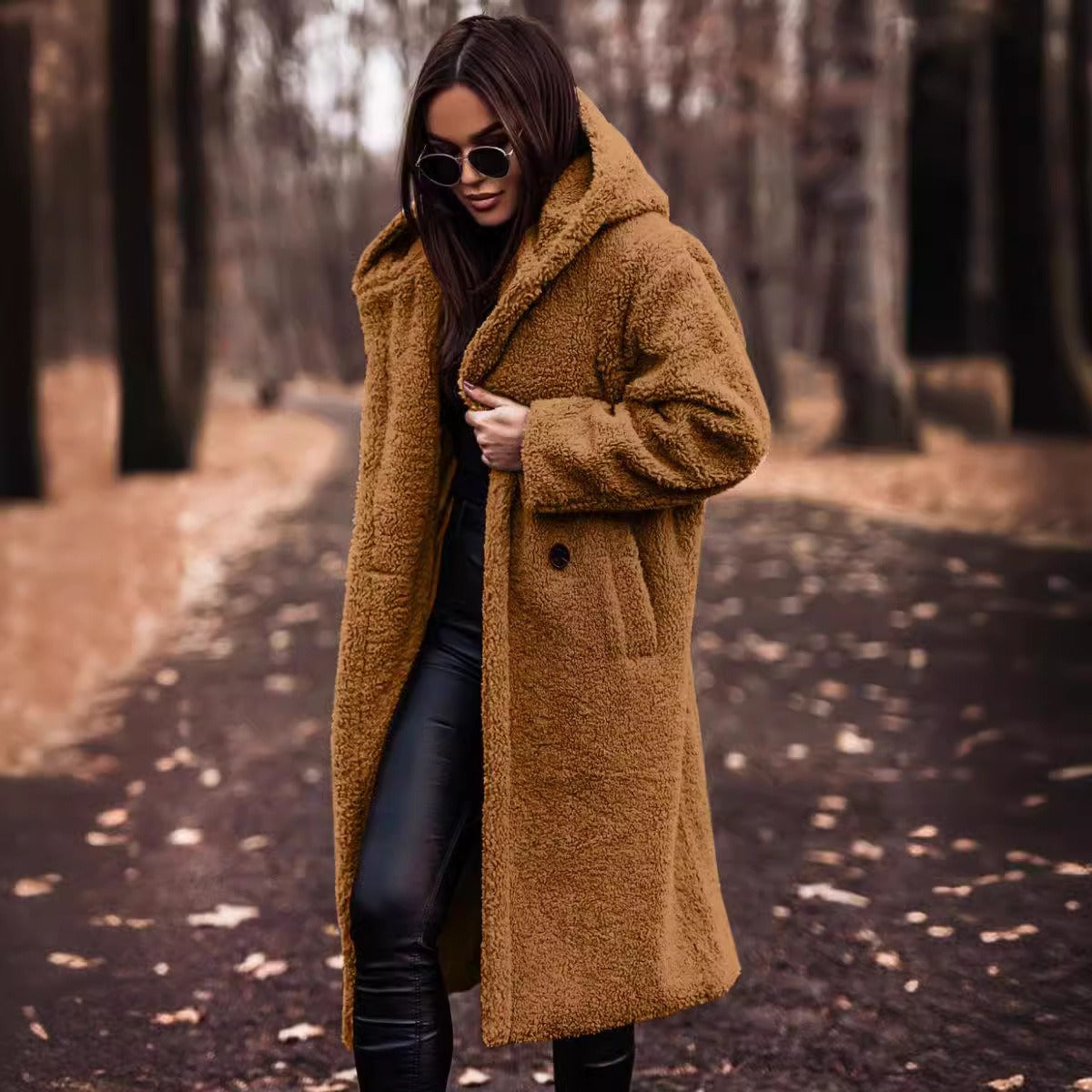 Women's Wool Coat Long Oversized Hooded - Yellow-Brown