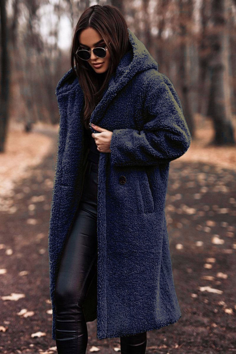 Women's Wool Coat Long Oversized Hooded - Navy