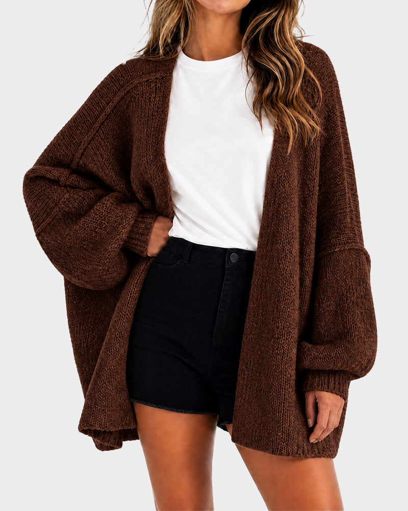 Women's oversized open-front knitted cardigan with lantern sleeves