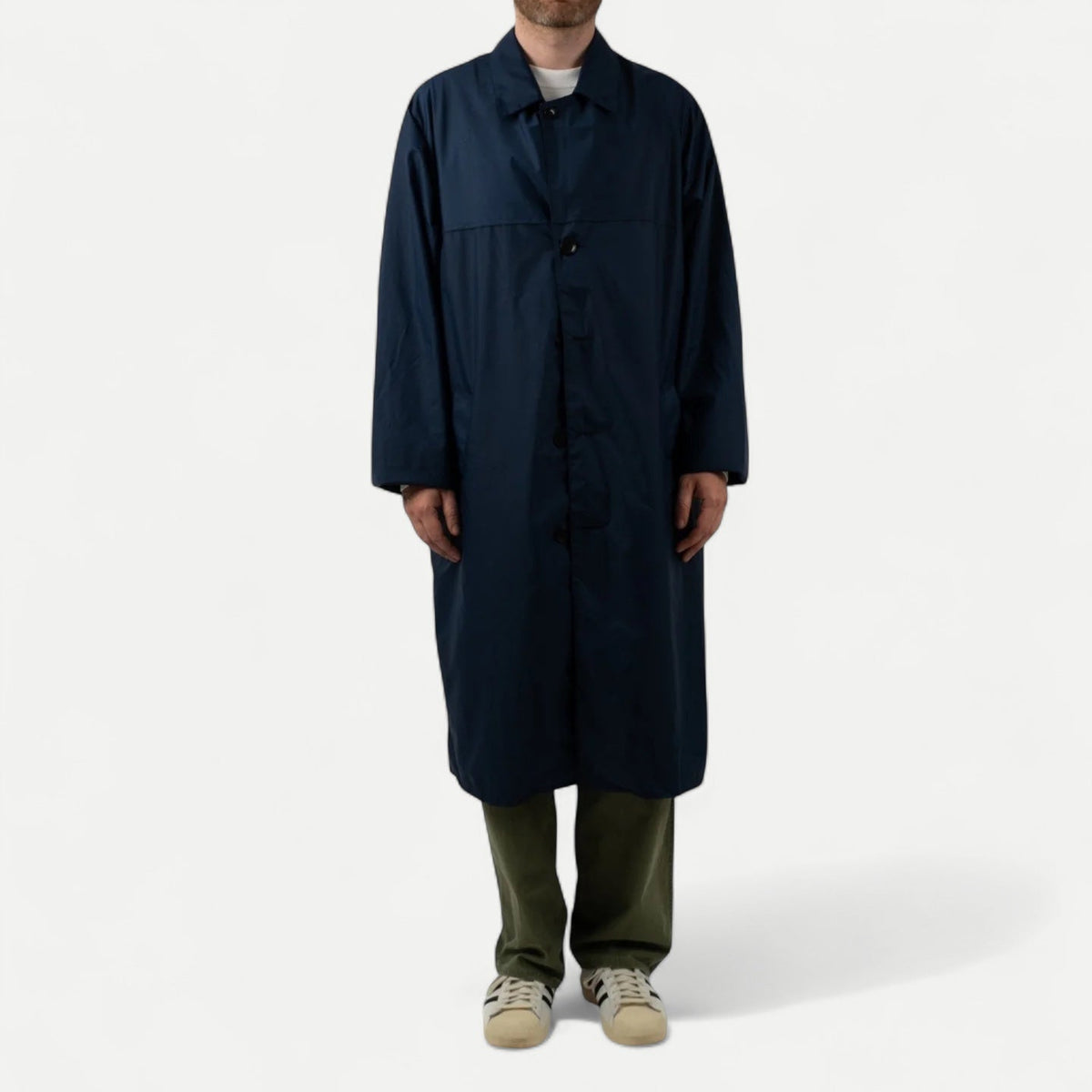 Men's navy long raincoat with pointed collar and button front