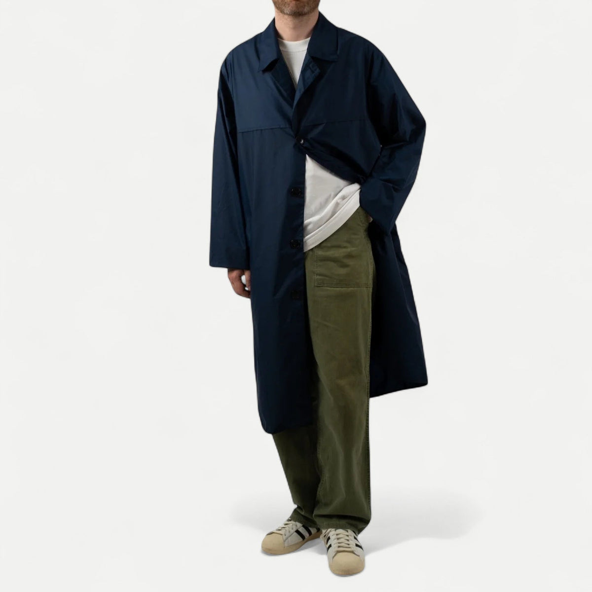 Men's navy long raincoat with pointed collar and button front