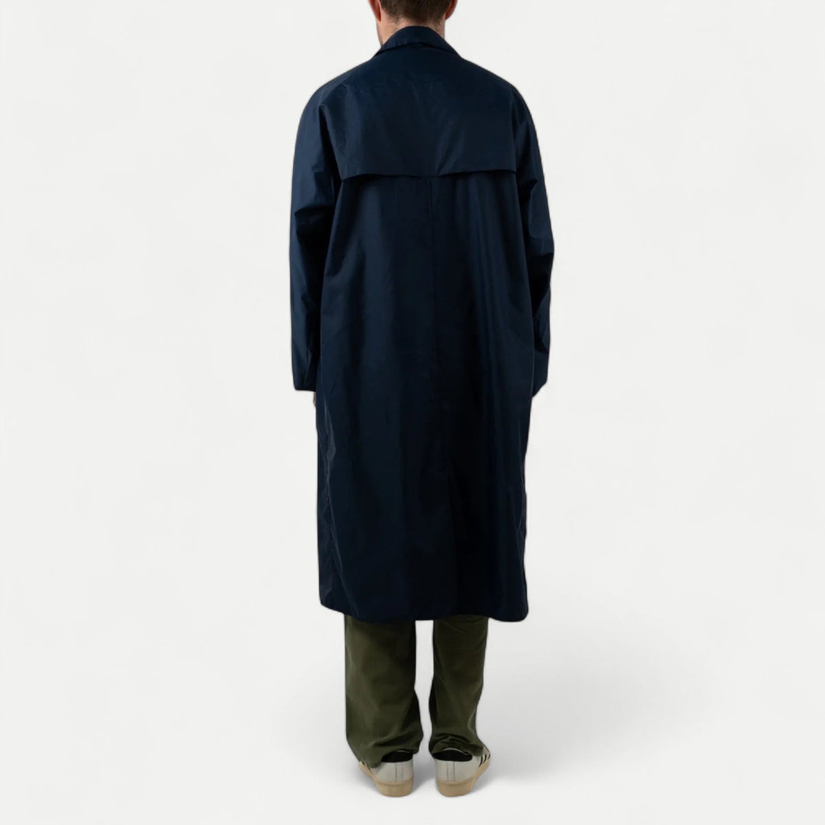 Men's navy long raincoat with pointed collar and button front