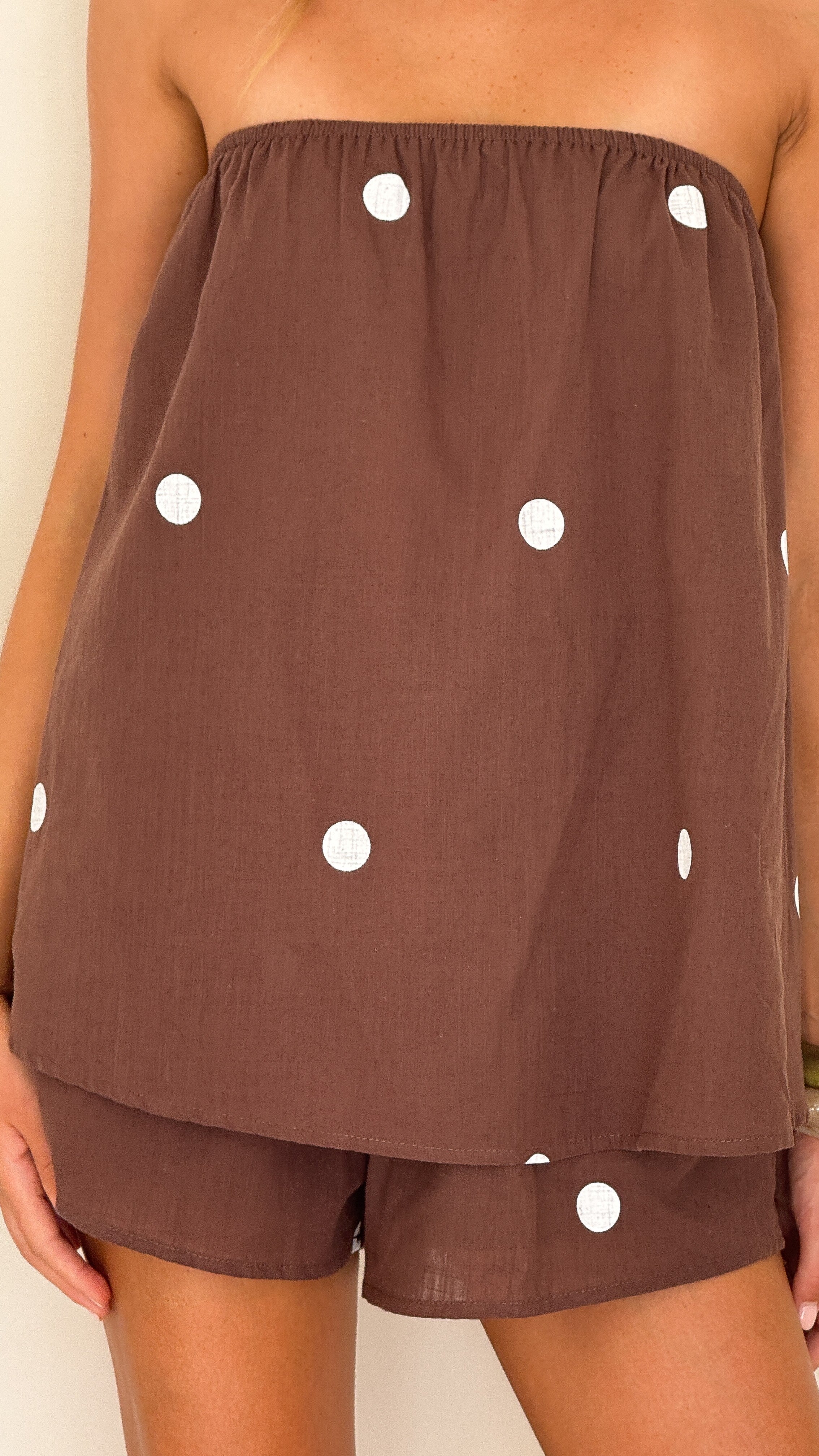 Women's Strapless Lounge Set Brown Polka Dot Elastic Fit
