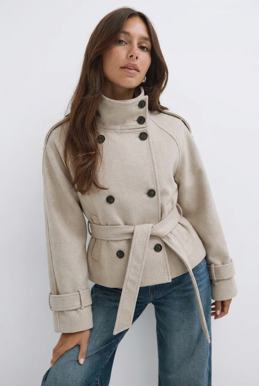 Women's belted trench jacket with high collar and double-breasted front