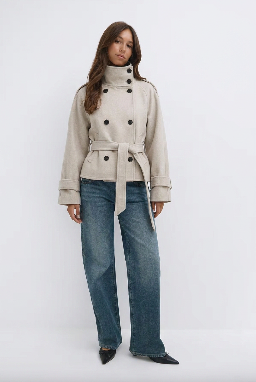 Women's belted trench jacket with high collar and double-breasted front