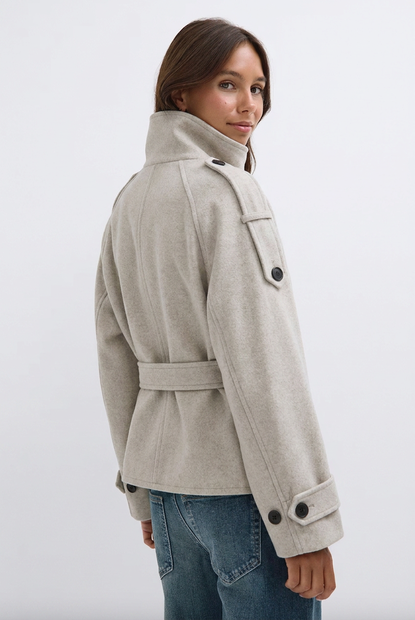 Women's belted trench jacket with high collar and double-breasted front