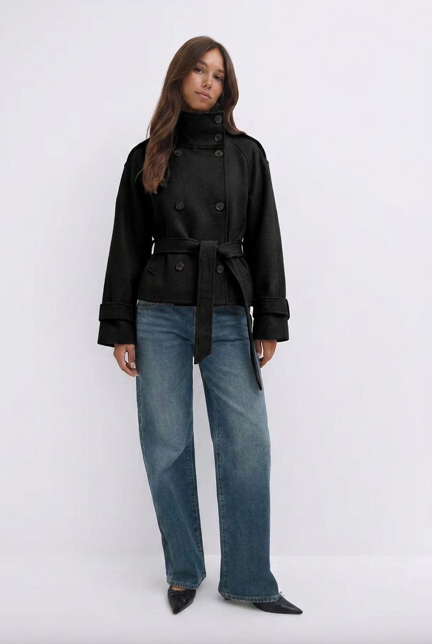 Women's belted trench jacket with high collar and double-breasted front