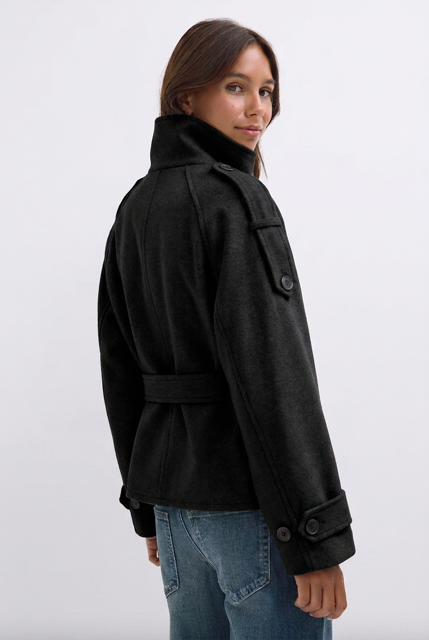 Women's belted trench jacket with high collar and double-breasted front
