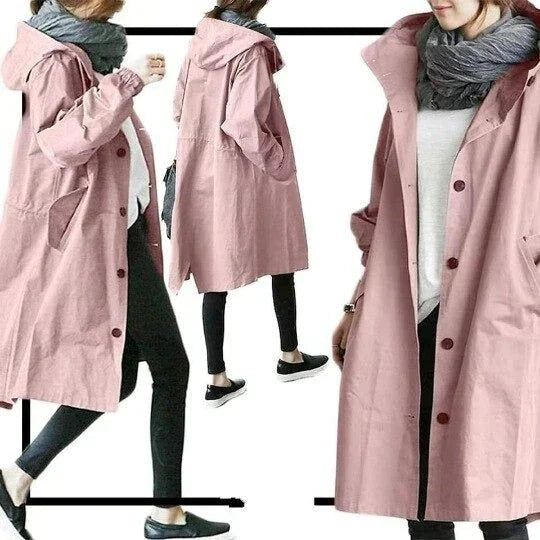Women's long hooded trench coat with button front and side pockets