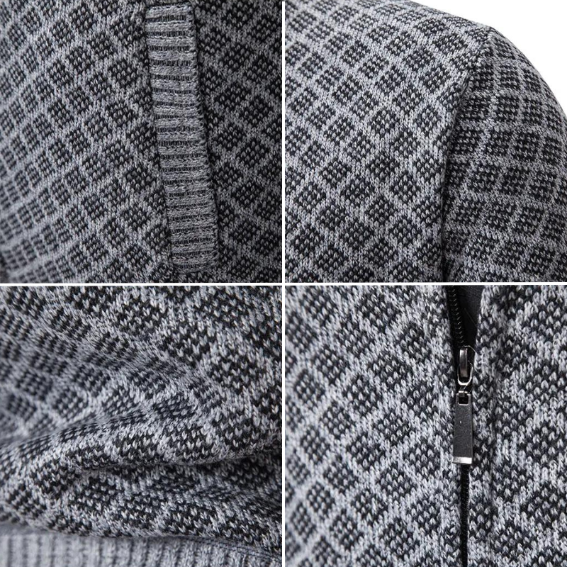 Men's geometric diamond-pattern zip-up jumper with raised collar and ribbed trim