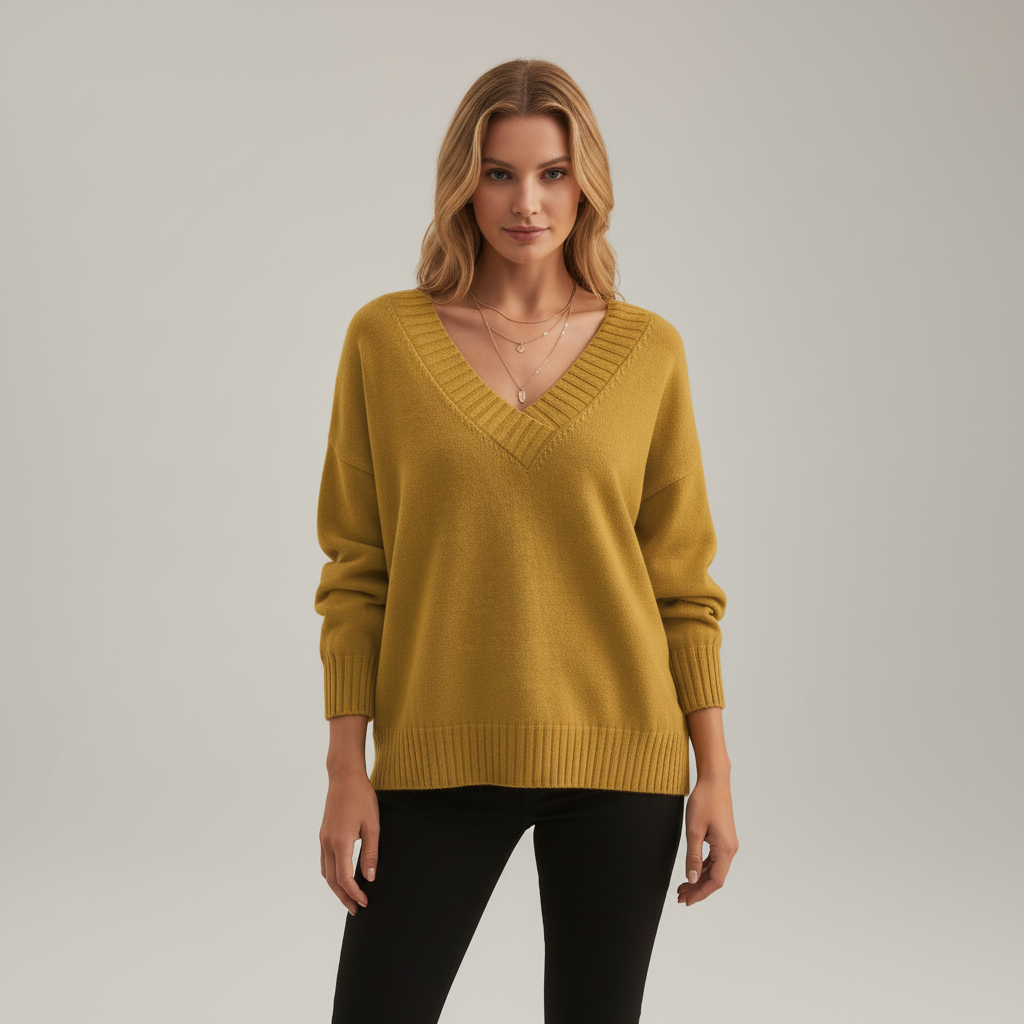 Women's plain V-neck jumper with long sleeves and ribbed trims