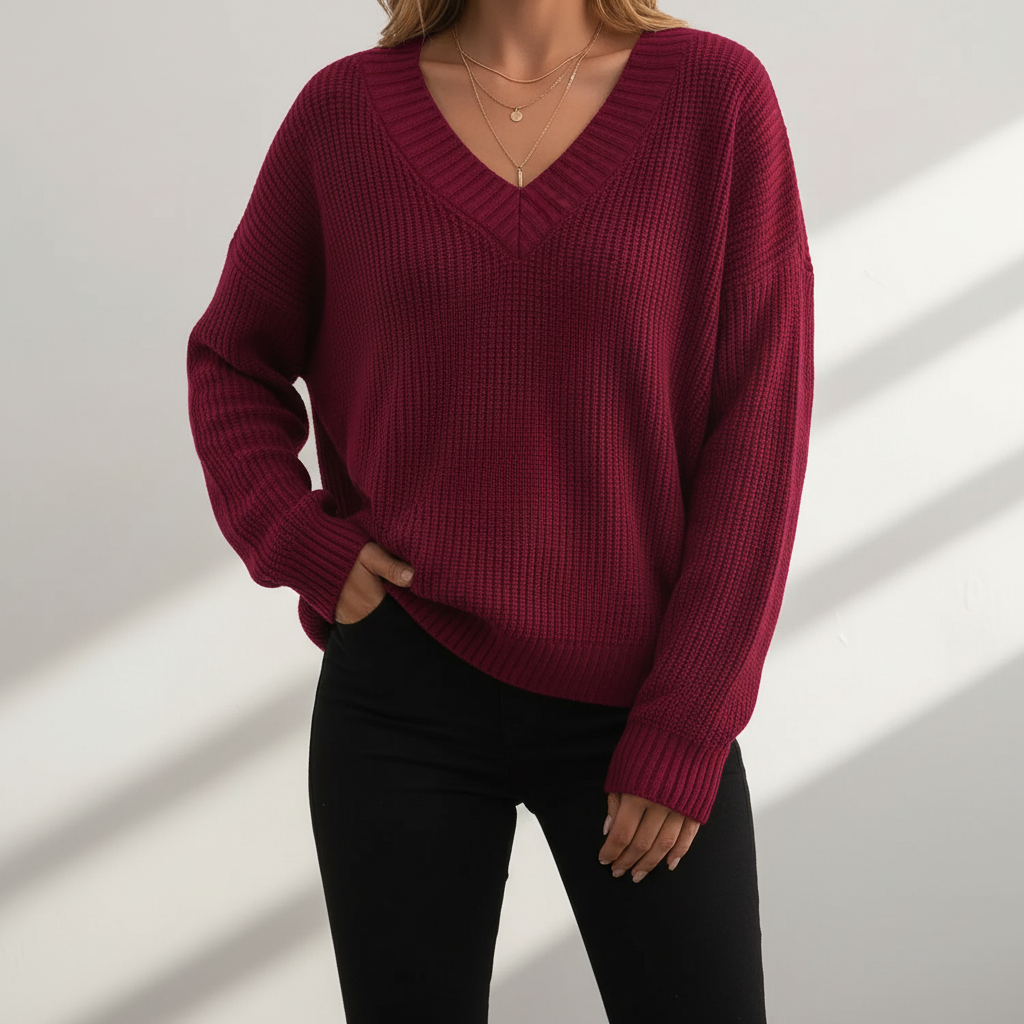 Women's plain V-neck jumper with long sleeves and ribbed trims