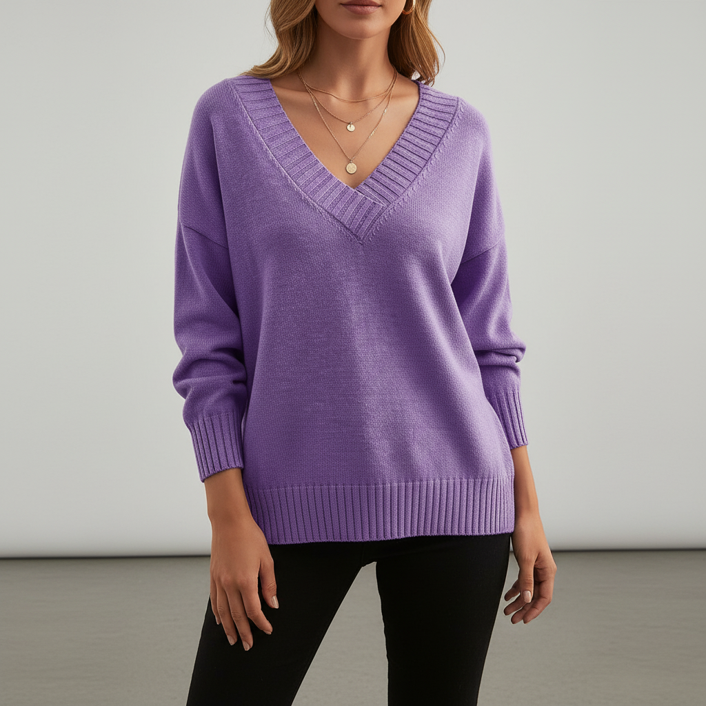 Women's plain V-neck jumper with long sleeves and ribbed trims