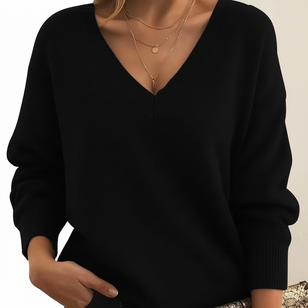 Women's plain V-neck jumper with long sleeves and ribbed trims
