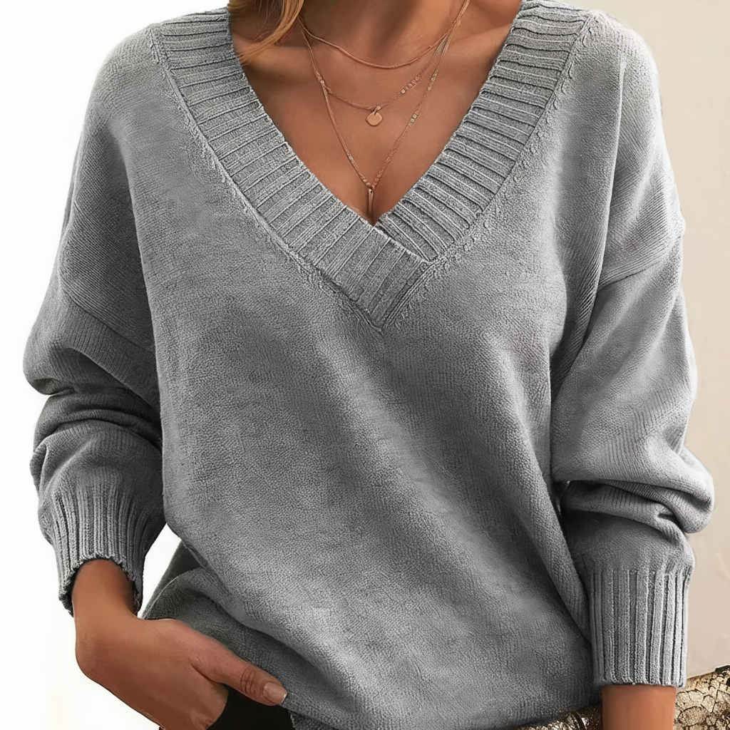Women's plain V-neck jumper with long sleeves and ribbed trims