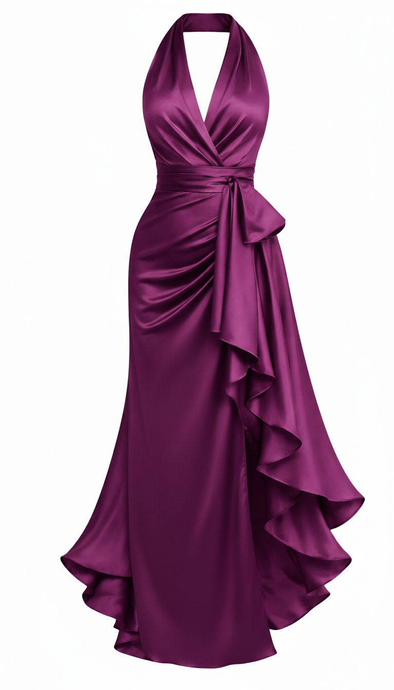 Women’s Satin Halter Ruffle Dress | Purple