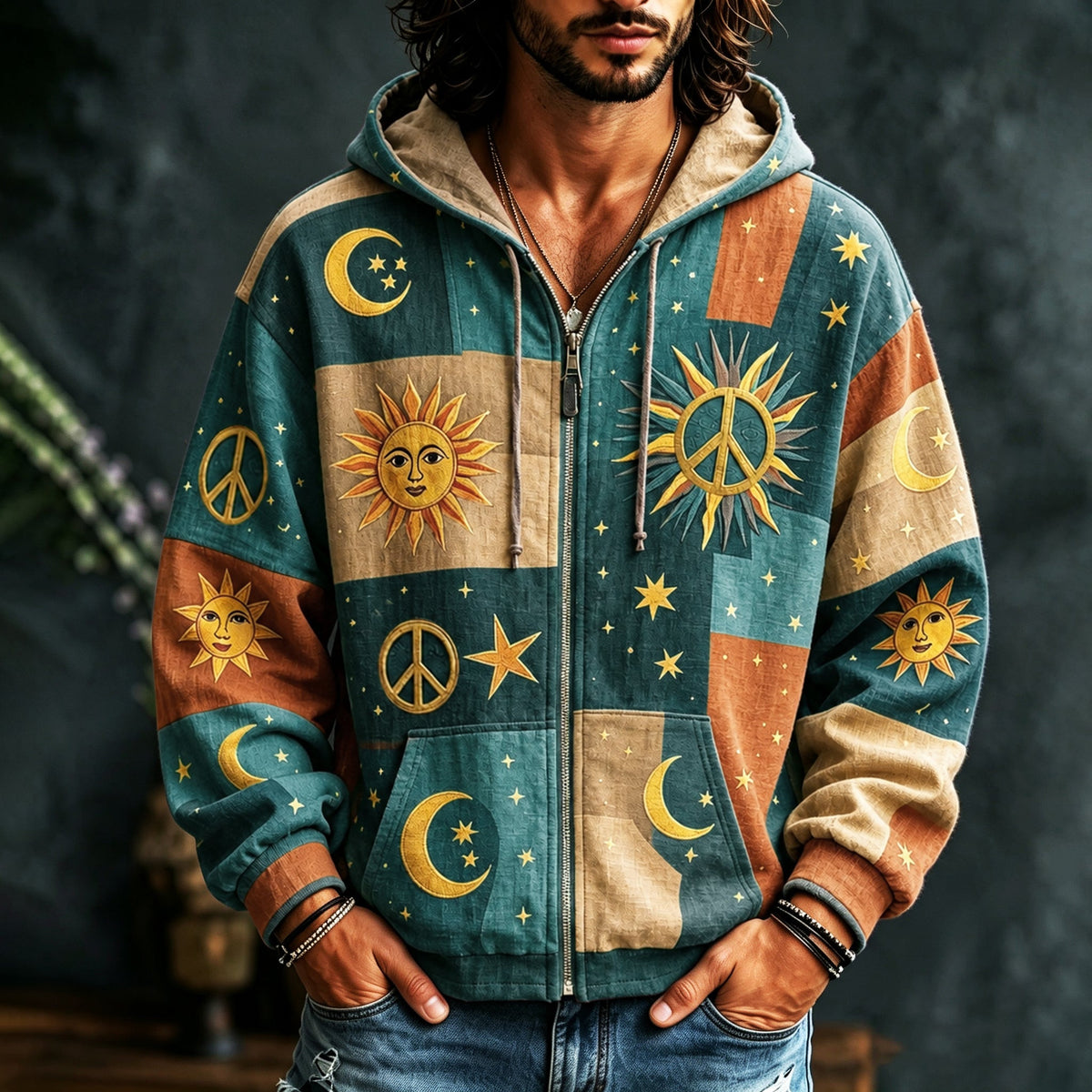 Men's multicoloured patchwork zip hoodie with sun, moon, star and peace motifs