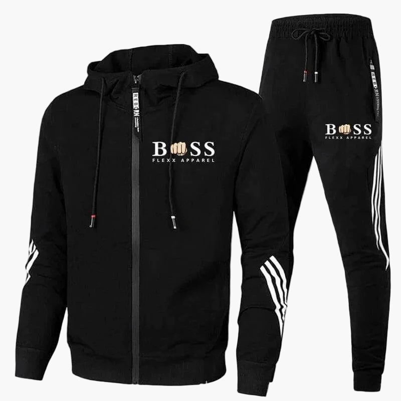 Men's hooded tracksuit set with zip jacket and striped jogger trousers