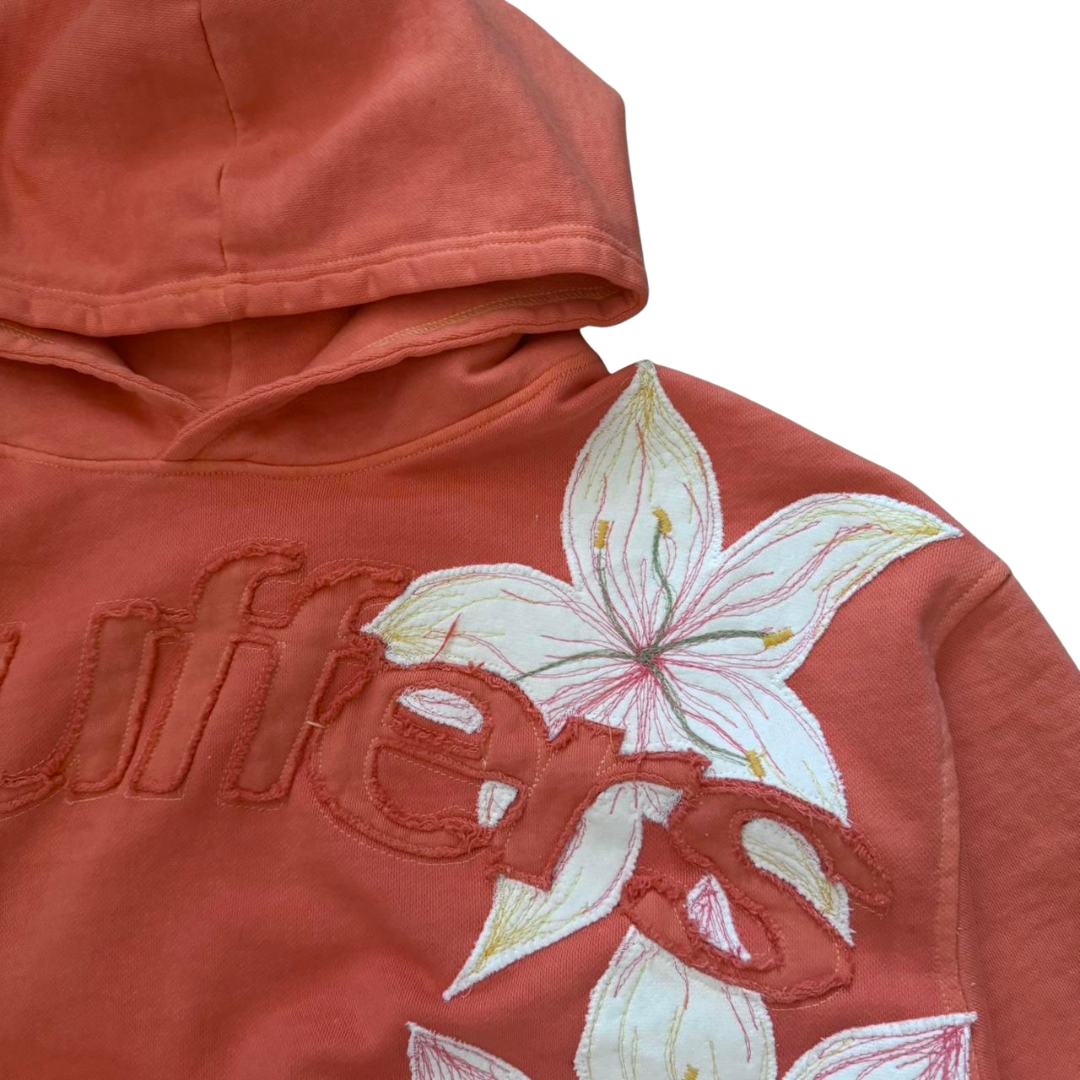 Women's coral hoodie with floral front embroidery and hood