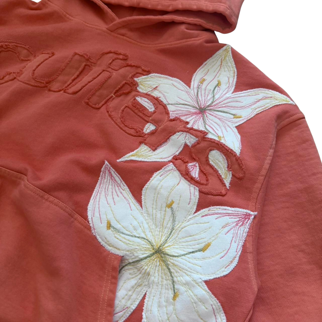 Women's coral hoodie with floral front embroidery and hood