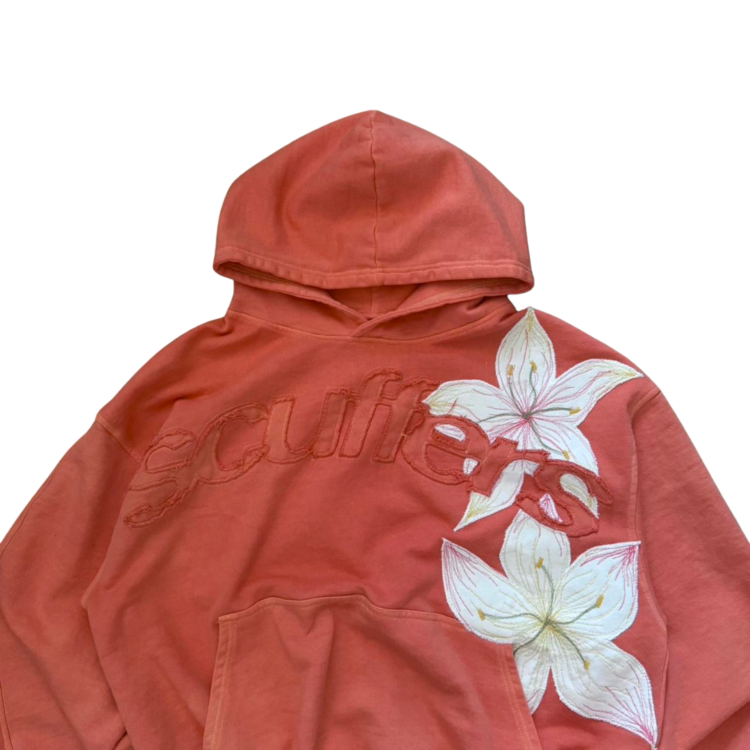 Women's coral hoodie with floral front embroidery and hood