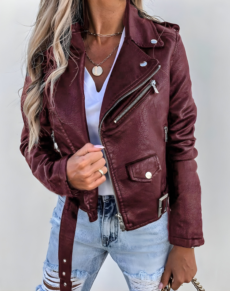 Women's biker jacket with asymmetric zip, long sleeves and belted hem