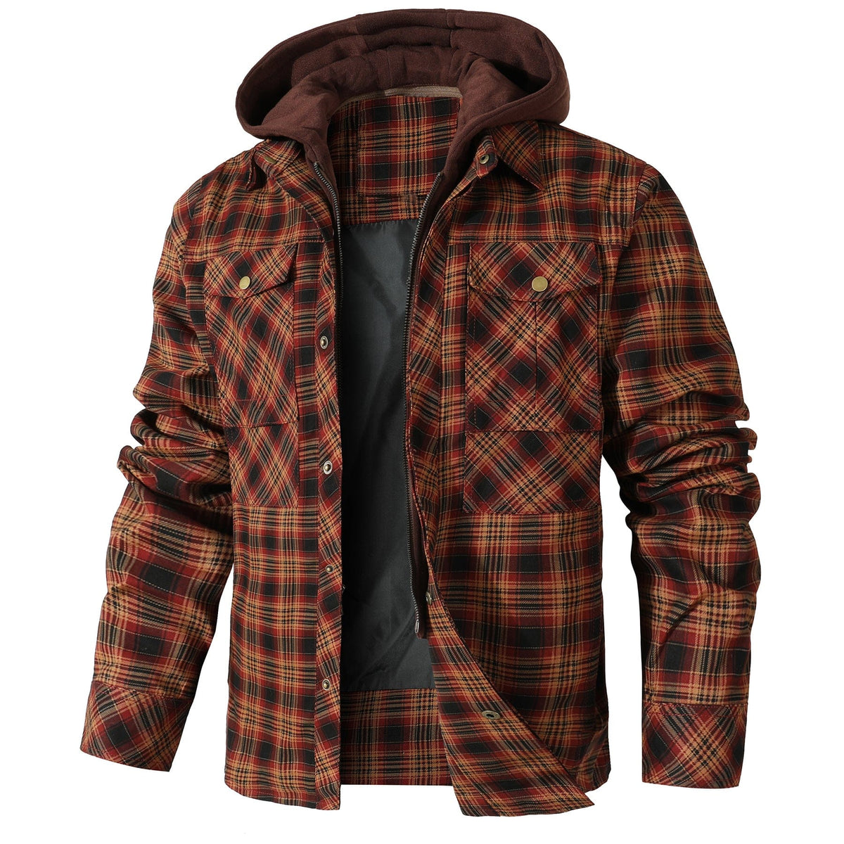 Men's checked hooded jacket with long sleeves, front zip and flap pockets