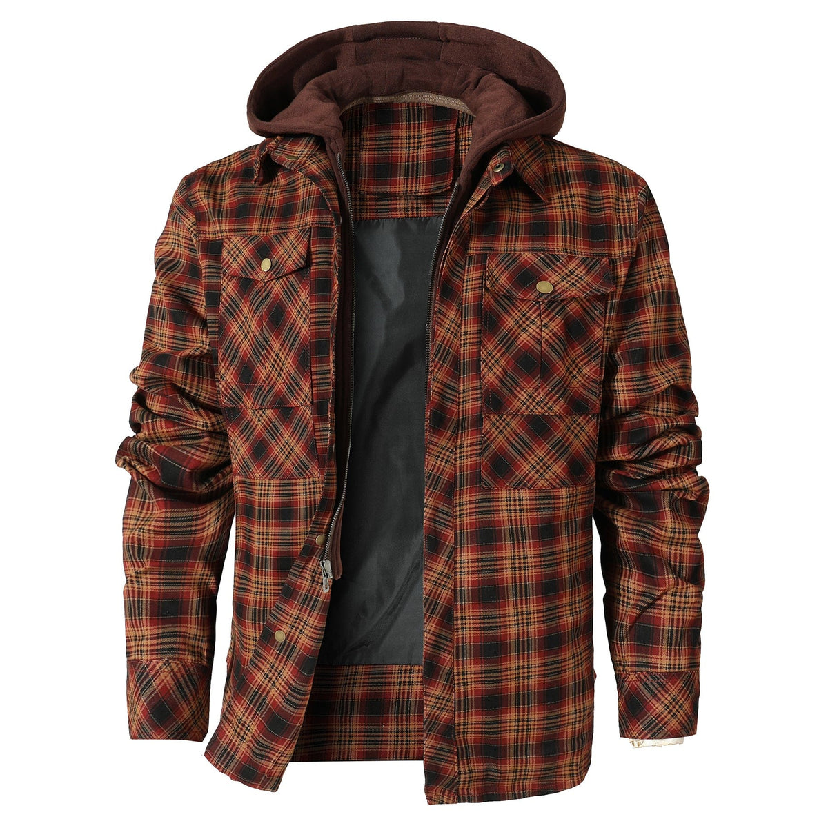 Men's checked hooded jacket with long sleeves, front zip and flap pockets