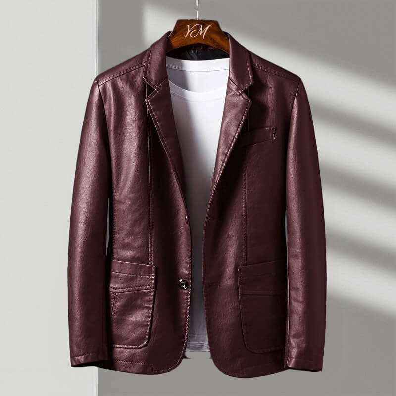 Men's structured leather jacket with notched collar, button front and patch pockets