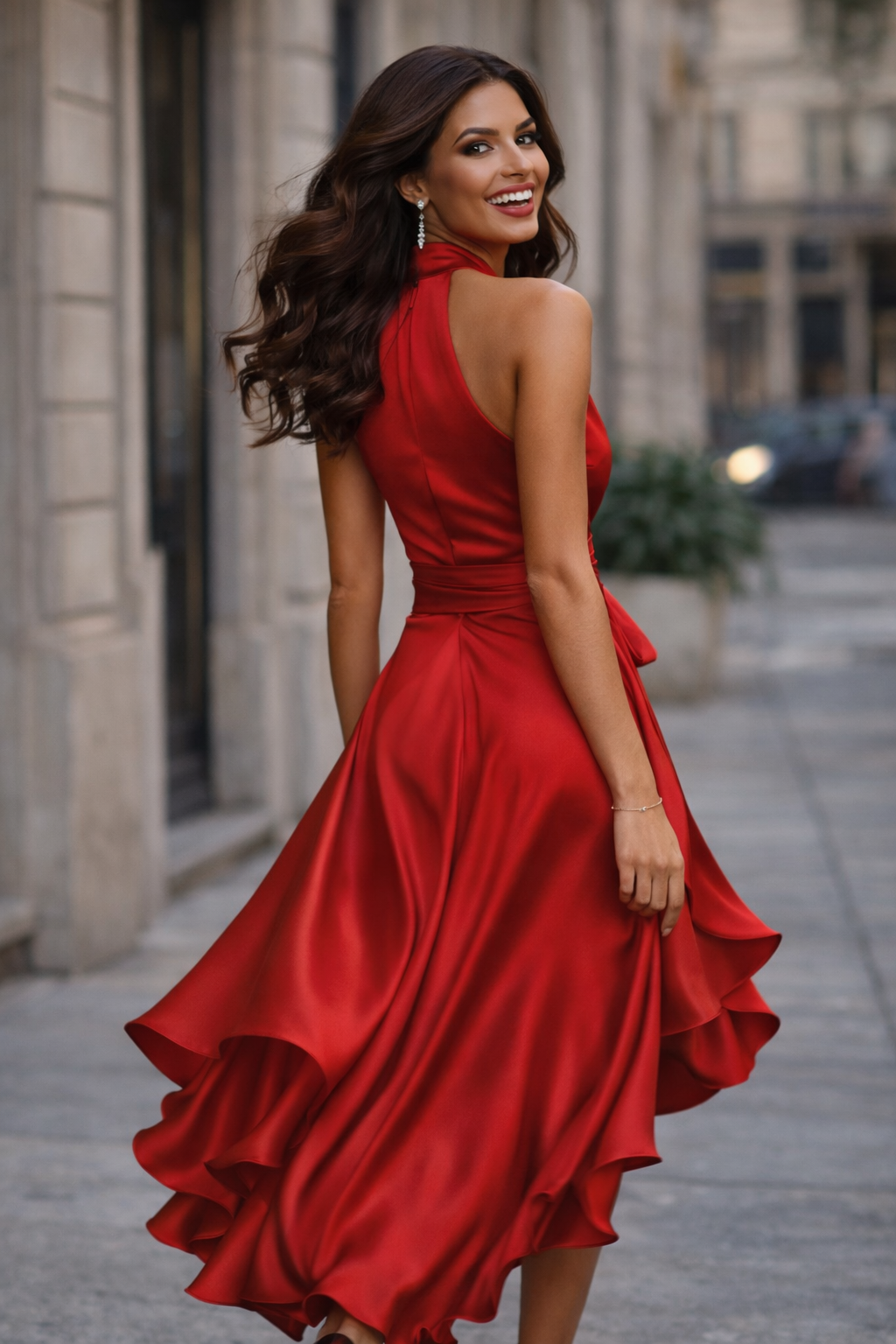 Women’s Satin Halter Ruffle Dress | Red