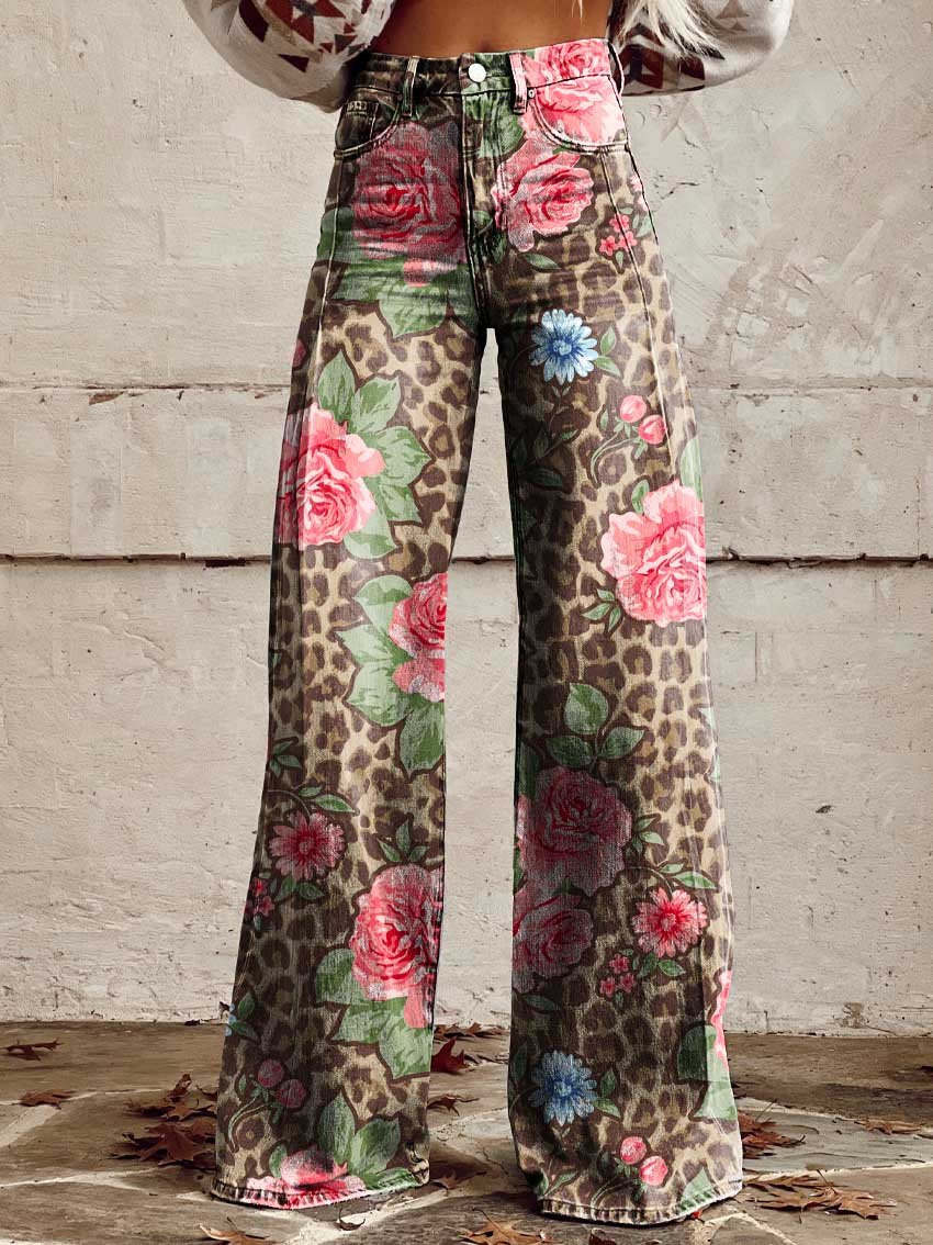 Women's Wide-Leg Trousers Printed High Waist Flare - Pink Leopard