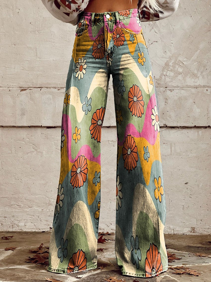 Women's Wide-Leg Trousers Printed High Waist Flare - Multicoloured