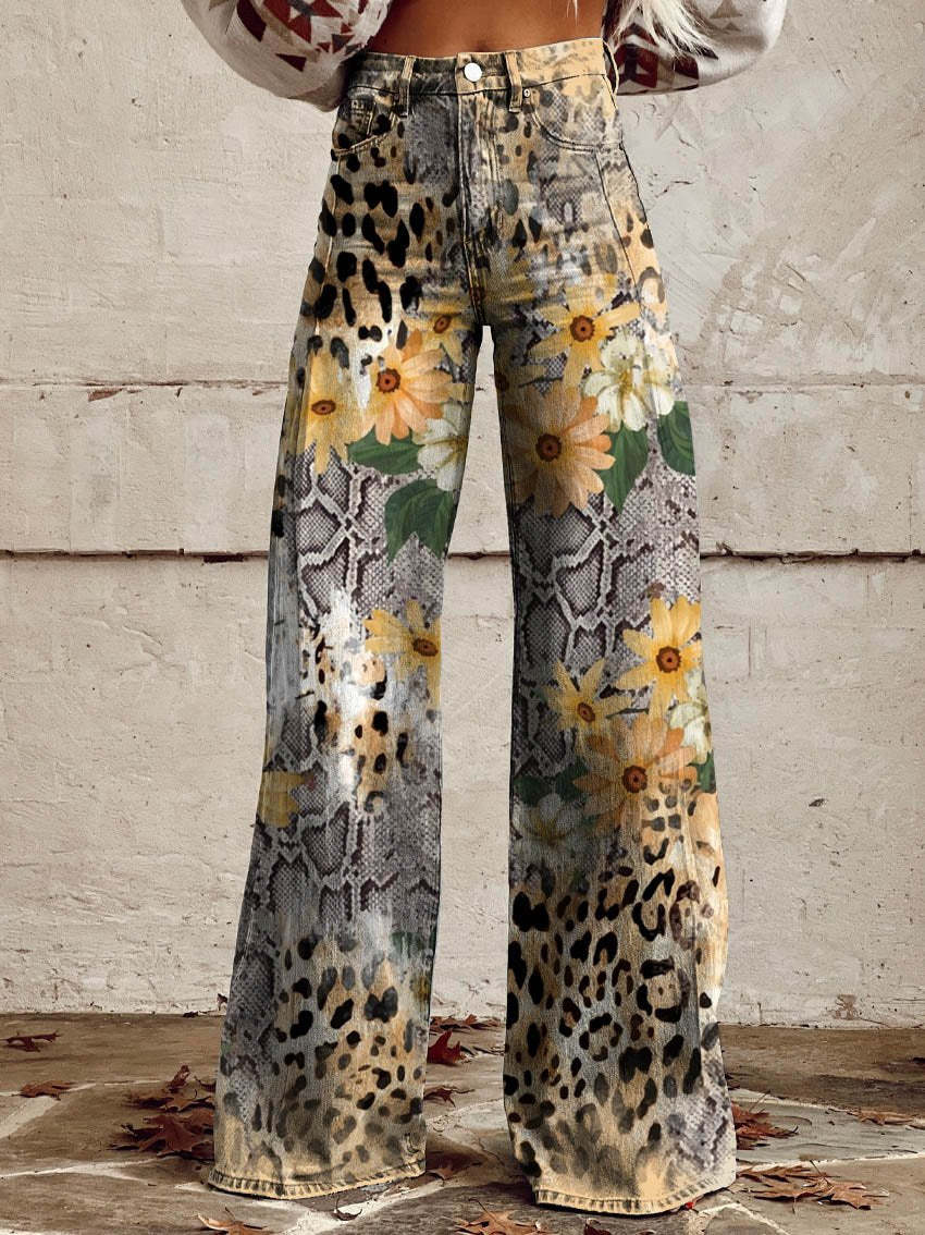Women's Wide-Leg Trousers Printed High Waist Flare - Snake And Leopard