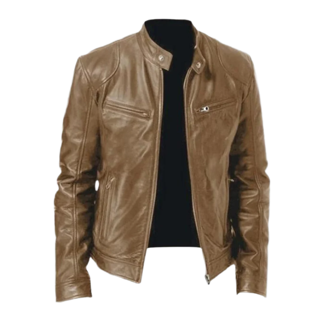 Men's fitted biker jacket with stand collar, long sleeves and zipped pockets